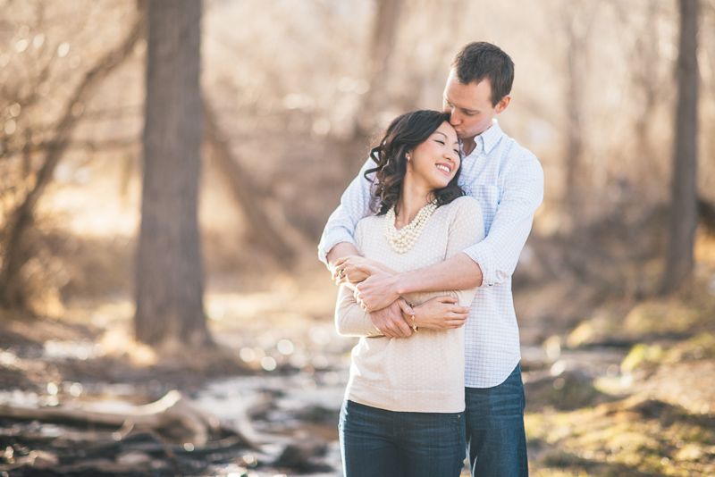 Denver engagement photography trees and river