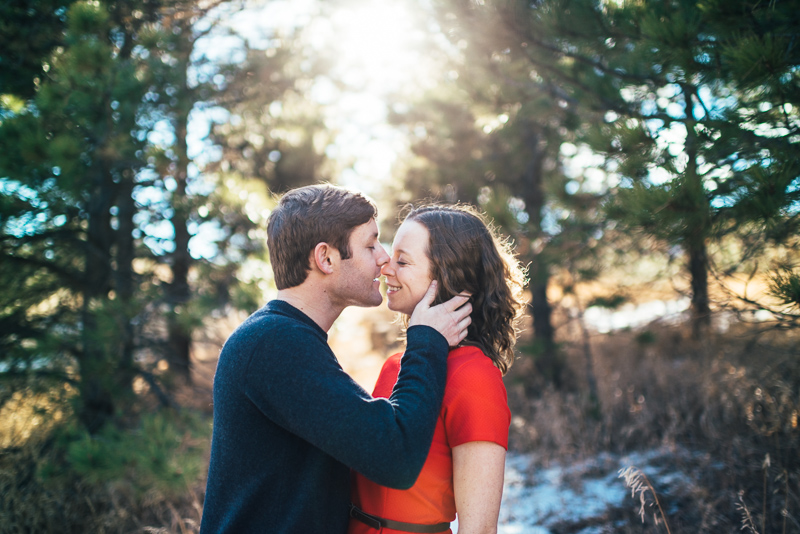 Evergreen Engagement Photography sunlight trees