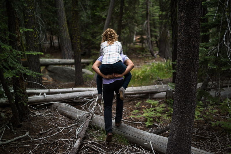 Tahoe Engagement Photography walking on logs