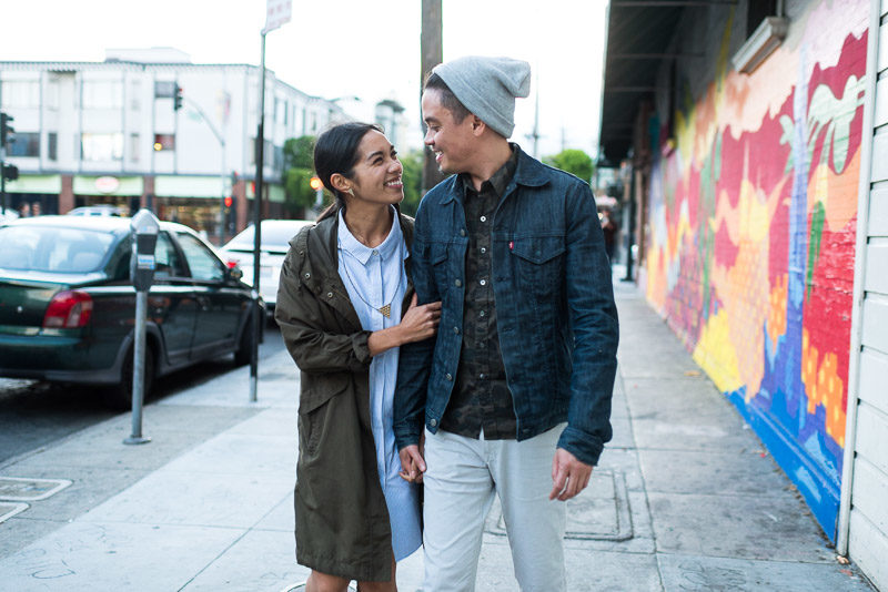 San Francisco Engagement Photography Mission District walking laughing